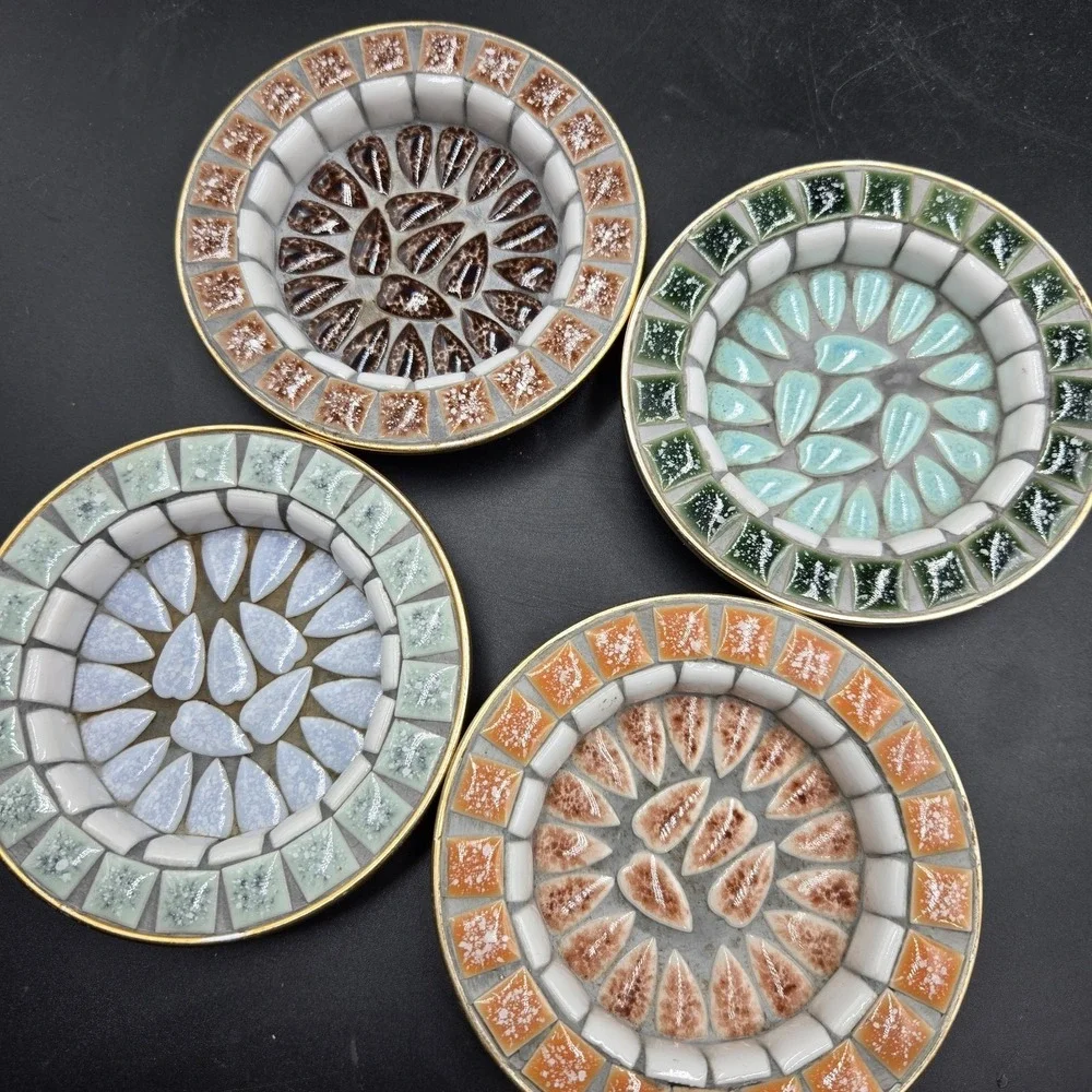 Vtg 4 Piece Mid-Century Modern Mosaic‎ Tile Coaster Dish Hand Crafted Japan